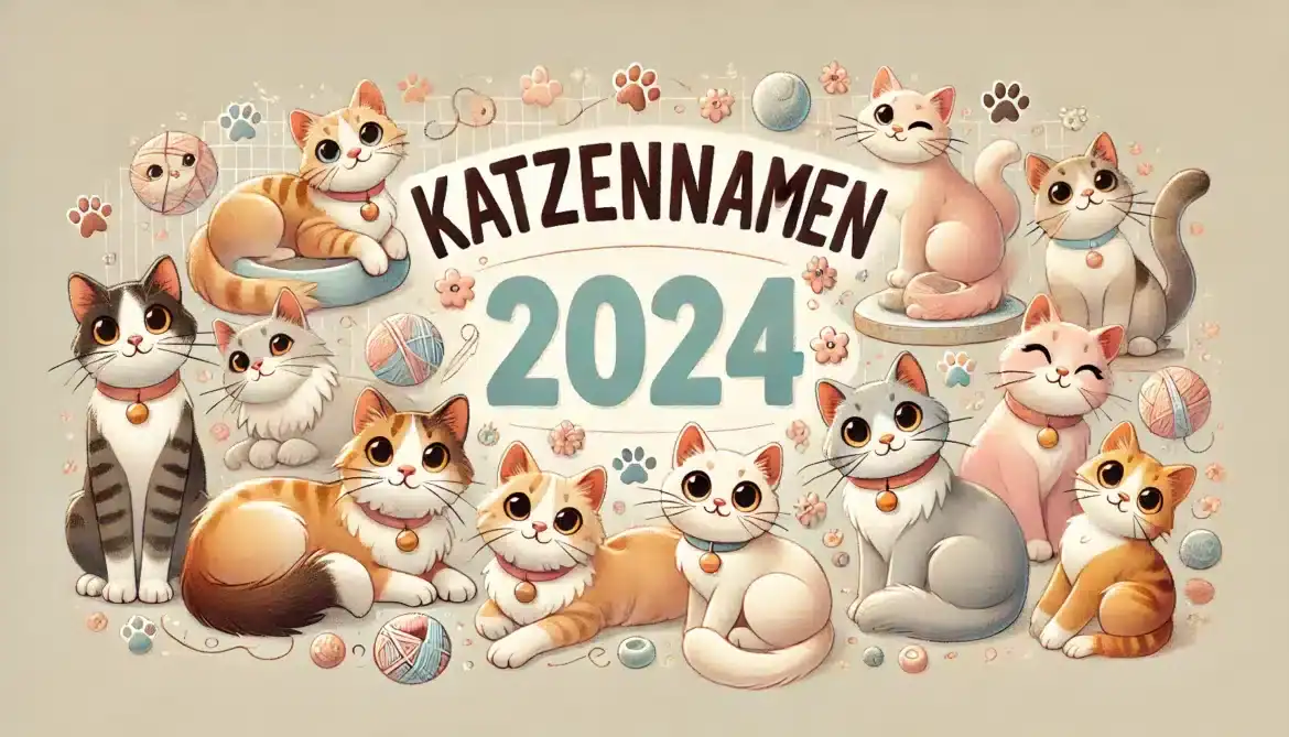 Katzennamen Titelbild. verschiedene gezeichnete Katzen.
