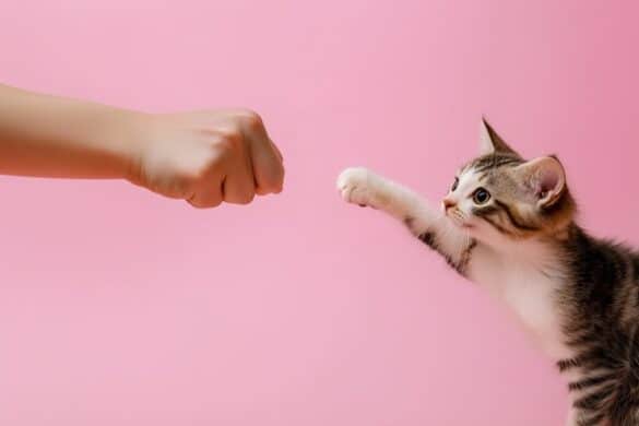 Kätzchen streckt seine Pfote einer menschlichen Faust zum Einschlagen entgegen.